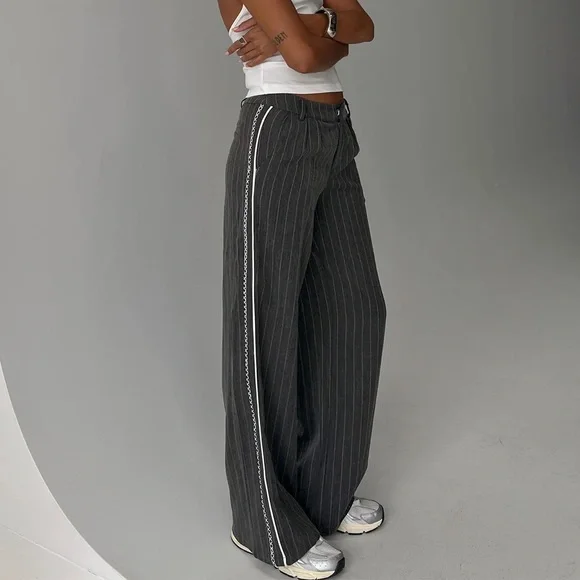 Princess Polly Charcoal Pinstripe Wide Leg Pants - Picture 1 of 4